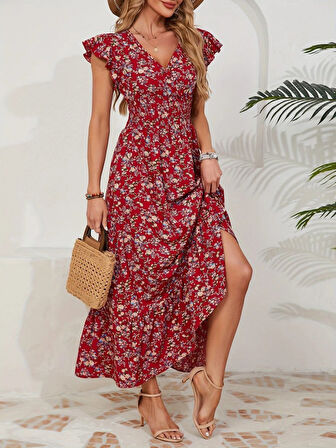 EQURİ Kadın Kısa Kollu Kruvaze Yaka Beli Lastikli çiçek Desenli Elbise