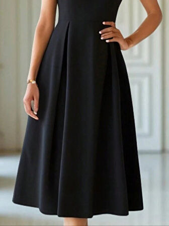 EQURİ Kadın Kısa Kollu Yarı Balıkçı Yaka Pileli Janjan Krep Midi Elbise