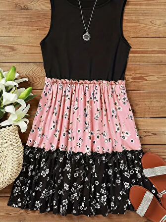 EQURİ Kadın Askılı Yuvarlak Yaka çiçek Baskılı Salaş Süprem Elbise