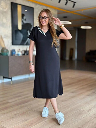 EQURİ Kadın Kısa Kollu V Ribana Yakalı Yırtmaçlı Midi Viskon Iki Iplik Elbise