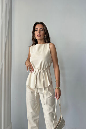 EQURİ KETEN BLUZ - PANTOLON TAKIM MASSİMO MODELSCREAT KUMAŞ - Bej