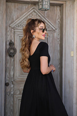 EQURİ Kadın Kısa Kollu Yuvarlak Yaka önden Yırtmaçlı Cepli Viskon Uzun Elbise