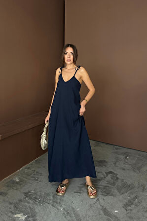 EQURİ ASKILI UZUN SALAŞ MÜSLİN ELBİSE - Lacivert