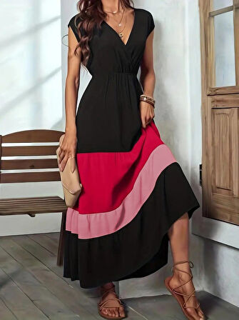 EQURİ Kadın Kısa Kollu Kruvaze Yakalı çok Renkli Aerobin Elbise