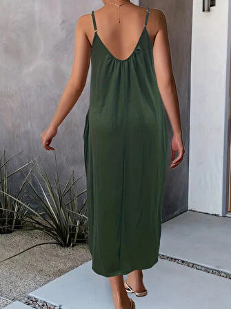 EQURİ Kadın Ip Askılı Geniş V Yakalı Viskon Elbise