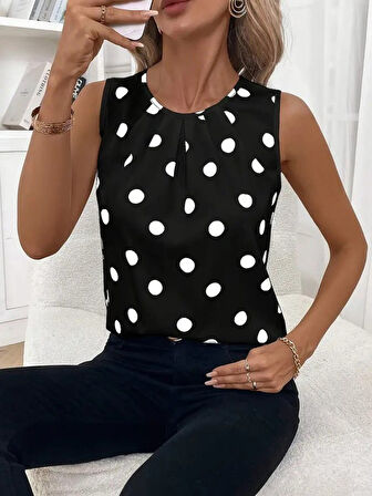 EQURİ Kadın Askılı Yakası Büzgülü Puantiyeli Atlas Bluz