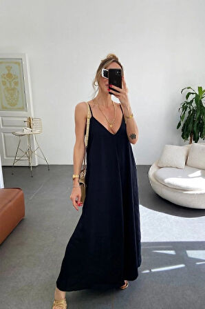 EQURİ Kadın Ip Askılı V Yakalı Uzun Aerobin Elbise