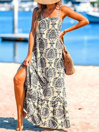 EQURİ Kadın Ip Askılı Desenli Fırfırlı Süprem Elbise