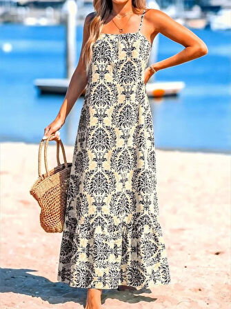 EQURİ Kadın Ip Askılı Desenli Fırfırlı Süprem Elbise