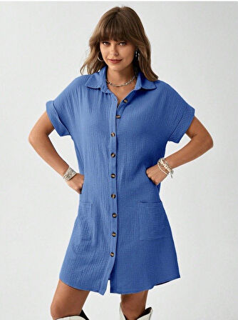 EQURİ Kadın Cep Detay Müslin Kumaş Mini Gömlek Elbise