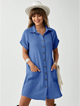 EQURİ Kadın Cep Detay Müslin Kumaş Mini Gömlek Elbise