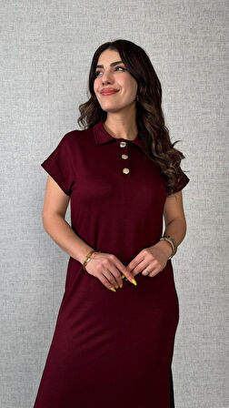 EQURİ Kadın Kısa Kollu Yakalı Yandan Yırtmaçlı Viskon Iki Iplik Elbise