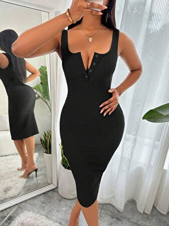 EQURİ Kadın Askılı önü Düğmeli Midi Kaşkorse Elbise