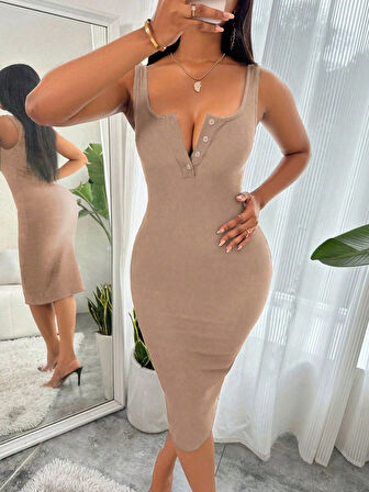 EQURİ Kadın Askılı önü Düğmeli Midi Kaşkorse Elbise