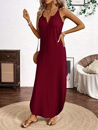 EQURİ Kadın Askılı Yuvarlak Yaka Asimetrik Detaylı Viskon Elbise