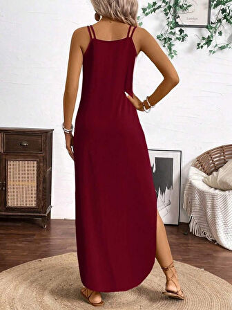 EQURİ Kadın Askılı Yuvarlak Yaka Asimetrik Detaylı Viskon Elbise