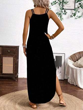 EQURİ Kadın Askılı Yuvarlak Yaka Asimetrik Detaylı Viskon Elbise