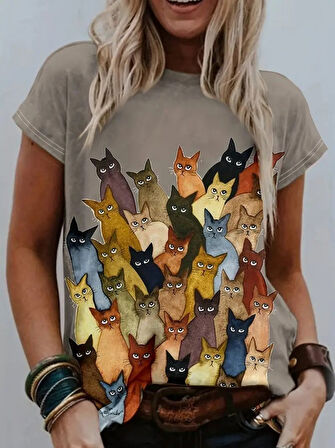 EQURİ Kadın Kısa Kollu Bisiklet Yaka Kedi Desenli Süprem Bluz