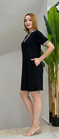 EQURİ Kadın Kısa Kollu V Yakalı Leopar Desen Detaylı Modal Elbise