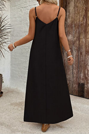 EQURİ Kadın Ip Askılı Geniş V Yakalı Desenli Süprem Elbise