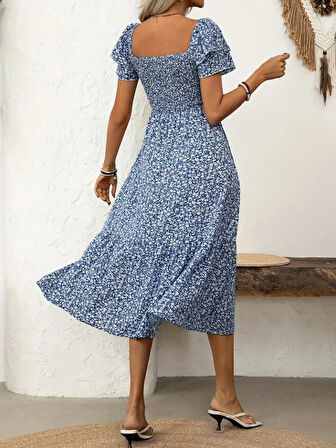 EQURİ Kadın Kısa Kollu Gipe Detaylı Desenli Midi Süprem Elbise