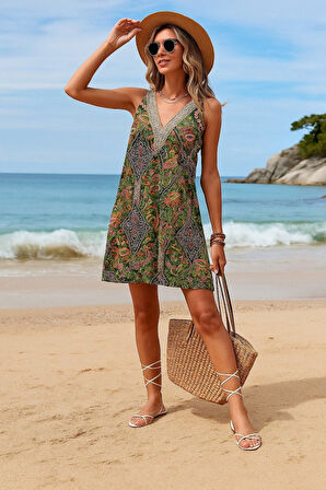 EQURİ Kadın Kısa Kollu Dantel V Yakalı Desenli Süprem Elbise