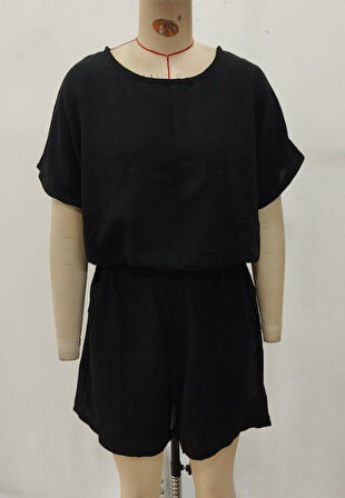 EQURİ Kadın Kısa Kollu Yuvarlak Yakalı Ithal Keten Bluz Ve Short Ikili Takım