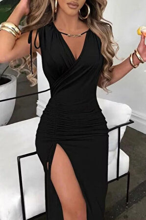 EQURİ Kadın Sıfır Kollu V Yakalı Yırtmaç Detaylı Beli Büzgülü Omuzdan Bağcıklı Sandy Maxi Elbise