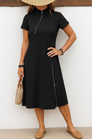 EQURİ Kadın Kısa Kollu Yakadan Ve Etekten Fermuarlı Midi Viskon Iki Iplik Elbise