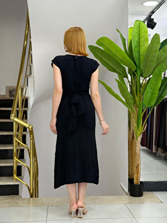 EQURİ Kadın Kısa Kollu Yuvarlak Yaka Belden Bağcıklı önden Yırtmaçlı Aerobin Elbise