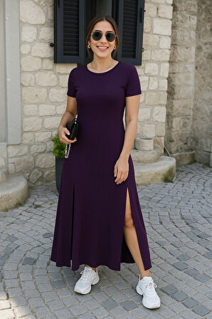 EQURİ Kadın Kısa Kollu Sırt Dekolteli Yırtmaç Detaylı Viskon Elbise