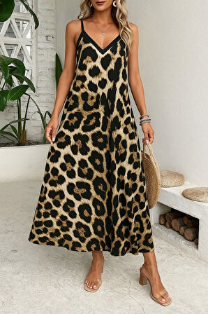 EQURİ Kadın Ip Askılı Geniş V Yakalı Leopar Desenli Süprem Elbise