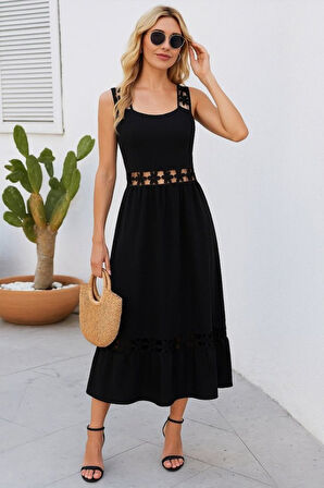 EQURİ Kadın Askılı Dantel Detaylı Kiloş Janjan Krep Elbise