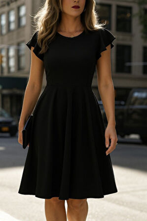 EQURİ Kadın Kelebek Kollu Bisiklet Yakalı Pileli Ithal Krep Elbise