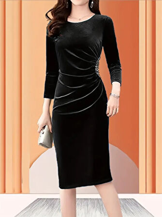 EQURİ Kadın Uzun Kollu Bot Yaka Yanı Taş Detaylı Midi Kadife Elbise