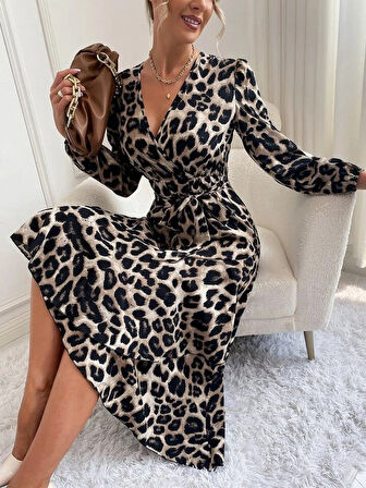 EQURİ Kadın Uzun Kollu Kruvaze Yakalı Belden Kuşaklı Leopar