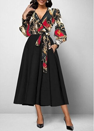 EQURİ Kadın Uzun Kollu Kruvaze Yaka Dalgıç Krep Midi Boy Elbise