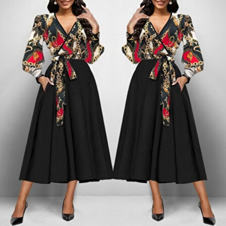 EQURİ Kadın Uzun Kollu Kruvaze Yaka Dalgıç Krep Midi Boy Elbise