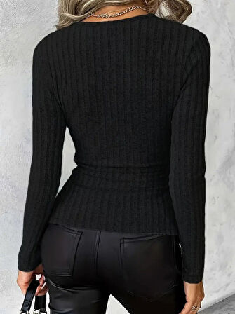 EQURİ Kadın Uzun Kollu Kruvaze Yaka Yandan Düğme Detaylı şardonlu Kaşkorse Bluz