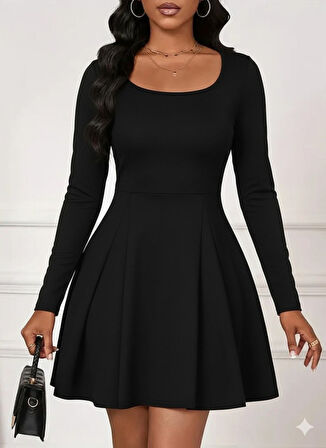 EQURİ Kadın Uzun Kollu Kare Yakalı Mini Ithal Krep Elbise