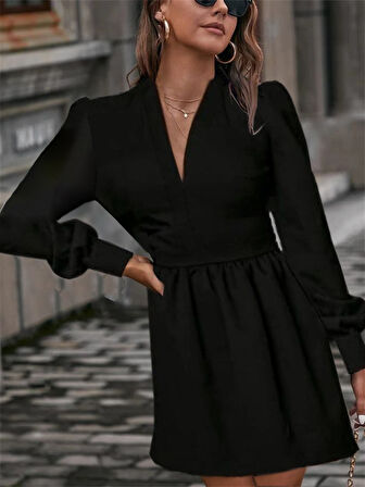 EQURİ Kadın Uzun Kollu V Yaka Belden Hafif Pileli Scuba Krep Mini Boy Elbise