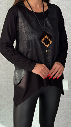 EQURİ Kadın Siyah Deri Yelekli Kolye Dahil üçlü Takım