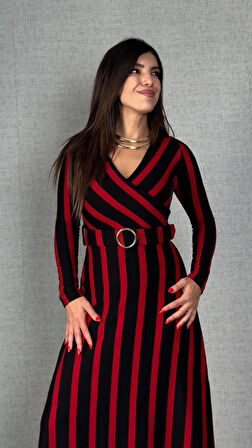 EQURİ Kadın Uzun Kollu Kruvaze Yaka Kemer Dahil çizgili Triko Elbise