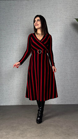 EQURİ Kadın Uzun Kollu Kruvaze Yaka Kemer Dahil çizgili Triko Elbise