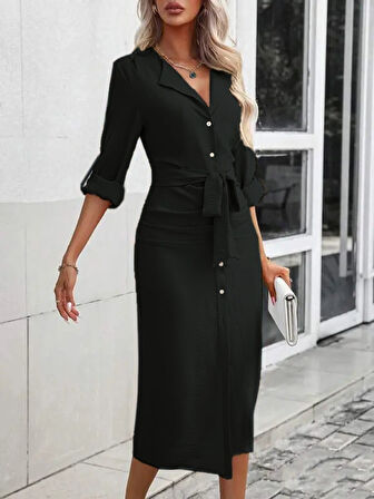 EQURİ Kadın Uzun Kollu önden Düğmeli Beli Kuşaklı Aerobin Midi Elbise