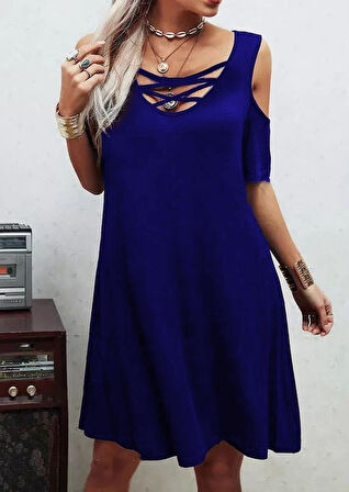 EQURİ Dekolteli Bağcık Detay Viskon Kumaş Elbise