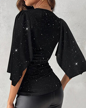 EQURİ Kadın Truvakar Kollu Kruvaze Yakalı Simli Sandy Bluz