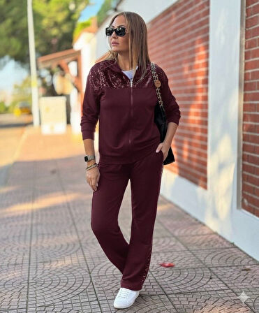 EQURİ Kadın Uzun Kollu önden Fermuarlı Pul Payetli Alt üst Viskon Iki Iplik Takım