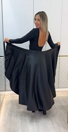 EQURİ Kadın Belden Kuşaklı Uzun Deri Etek