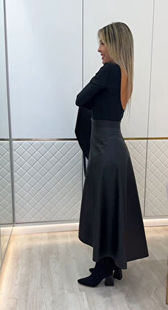 EQURİ Kadın Belden Kuşaklı Uzun Deri Etek